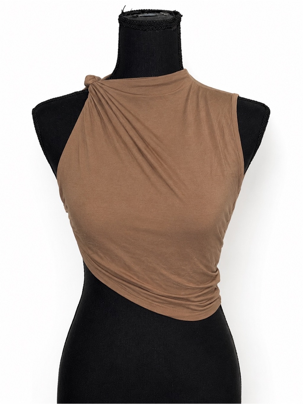 Sleeveless Twist-Neck Crop Top in Brown